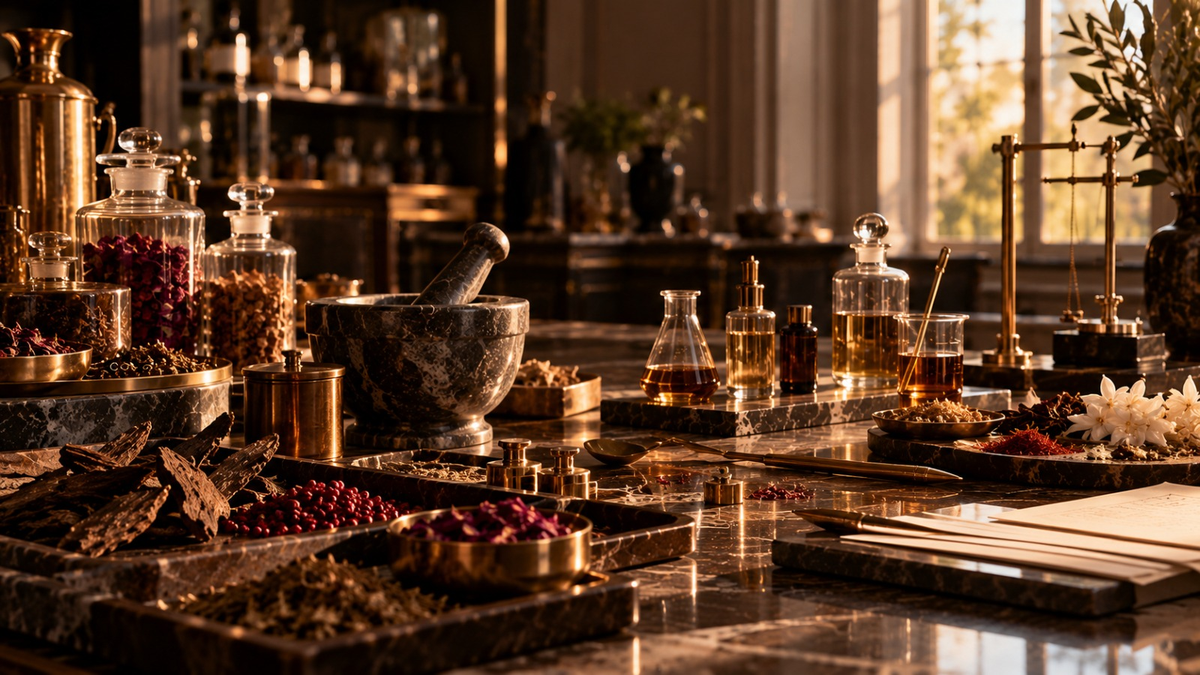 Fragrance craftsmanship in a perfumery atelier