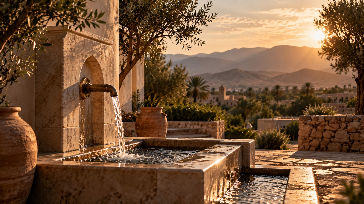 A stone fountain overlooking the landscape