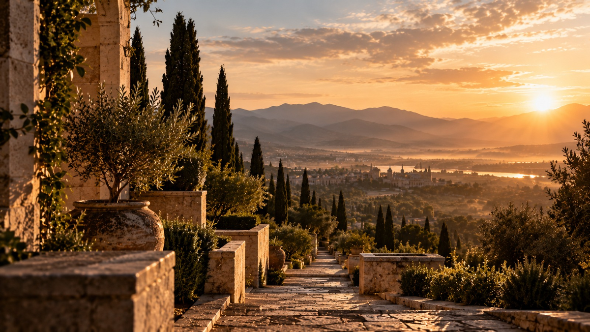 A lasting view across gardens and mountains