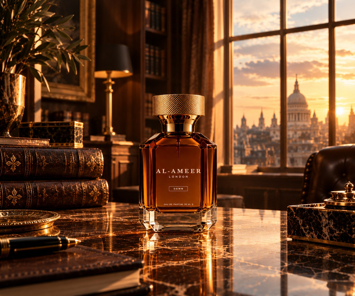 Al-Ameer Dawn Eau de Parfum bottle overlooking London at sunrise