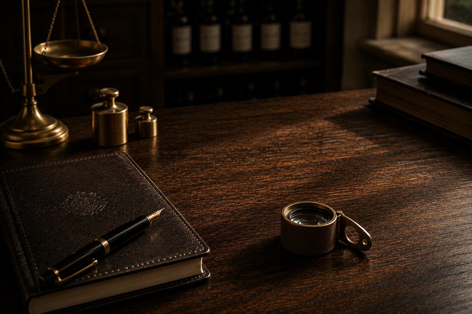 A House inspection desk with a loupe and journal