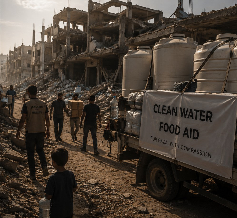 Aid workers carry boxes and water through a rubble-lined Gaza street beside a truck loaded with water tanks.