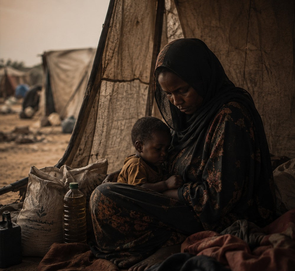 A woman cradles a young child beside food supplies at a makeshift shelter in Sudan.