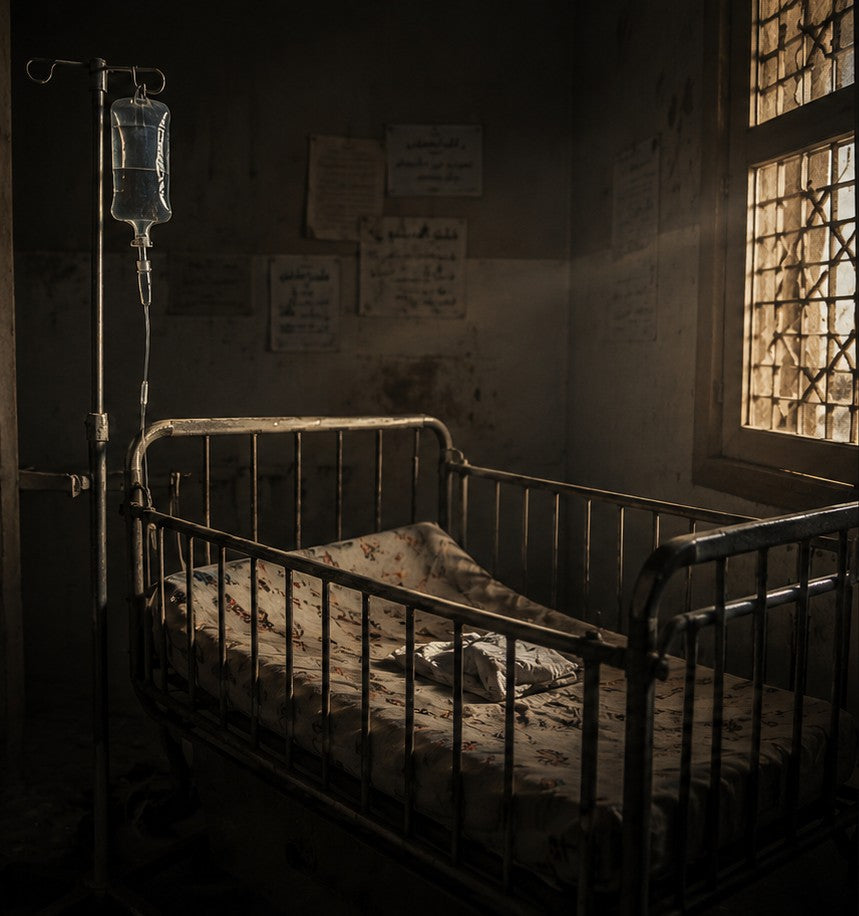 An empty hospital cot beneath a hanging IV bag in a dimly lit ward in Yemen.