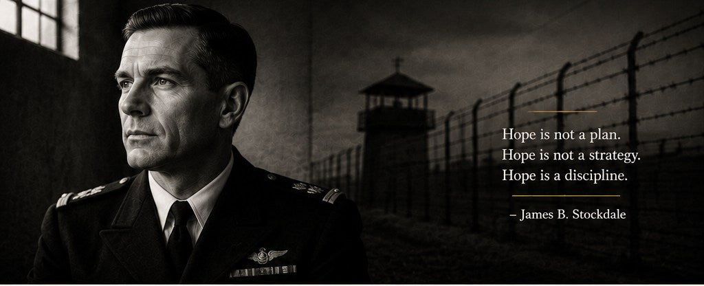 James Stockdale in front of a prisoner-of-war camp fence