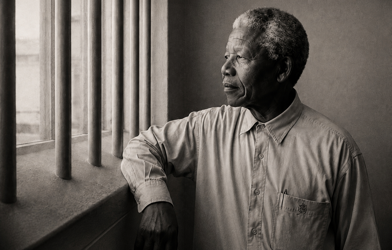 Nelson Mandela seated beside a barred window
