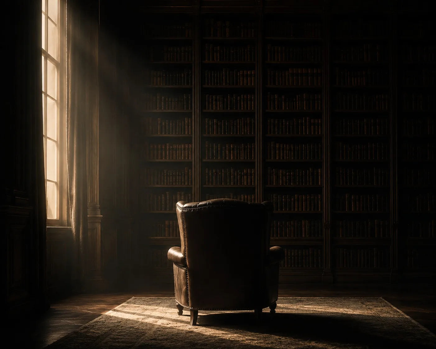 An empty leather chair facing a wall of books
