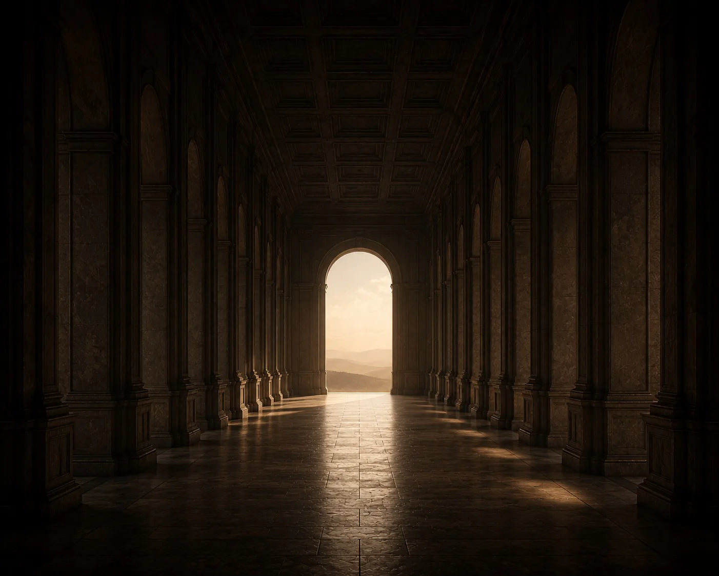 A long architectural hall opening towards the light