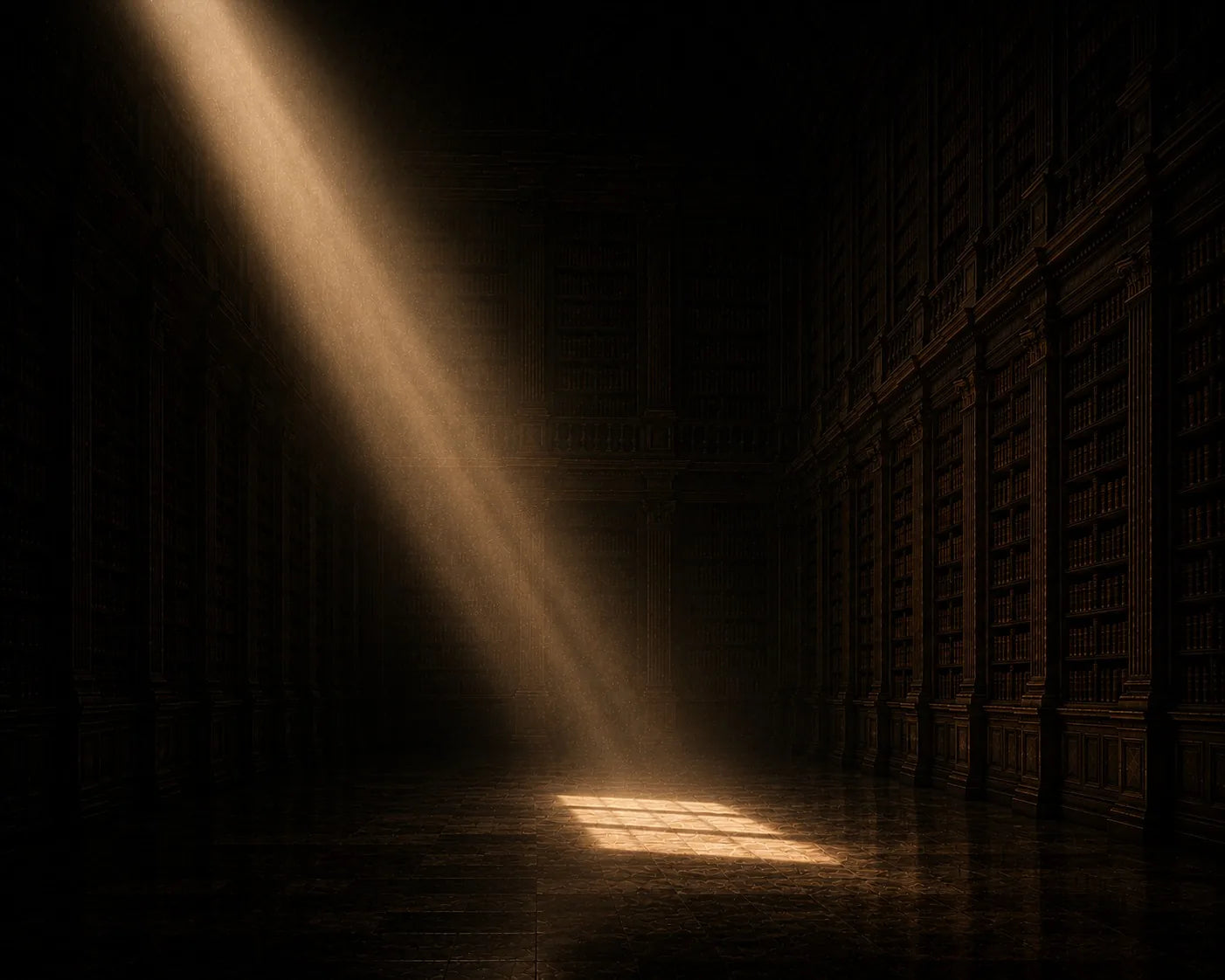 A shaft of light crossing a quiet library