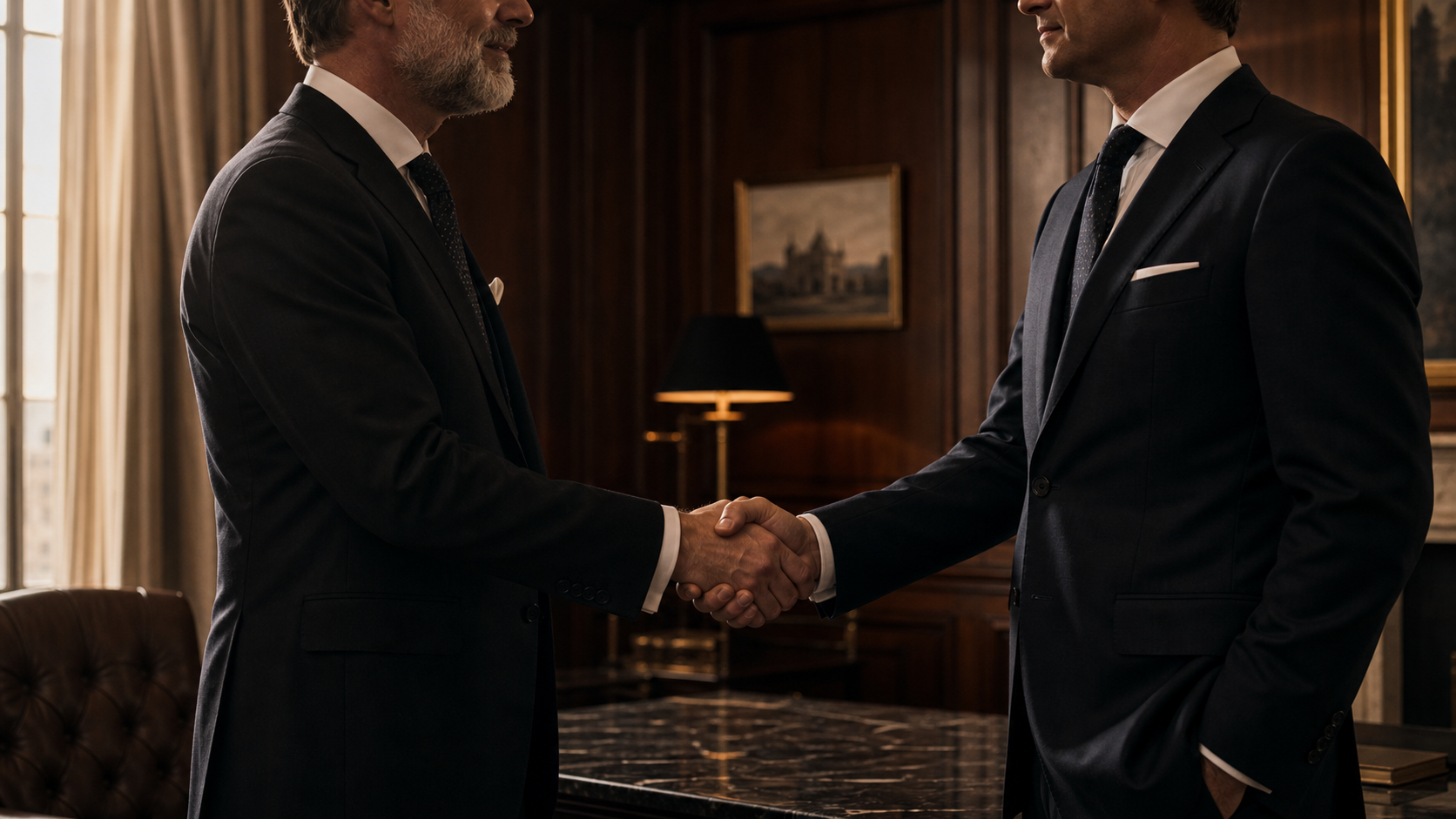 Two professionally dressed men shake hands in a private London office